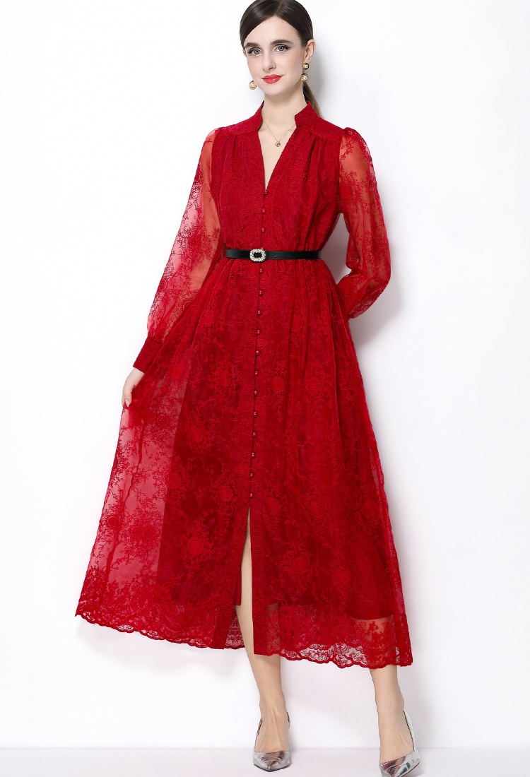 Single-breasted pinched waist lantern sleeve dress