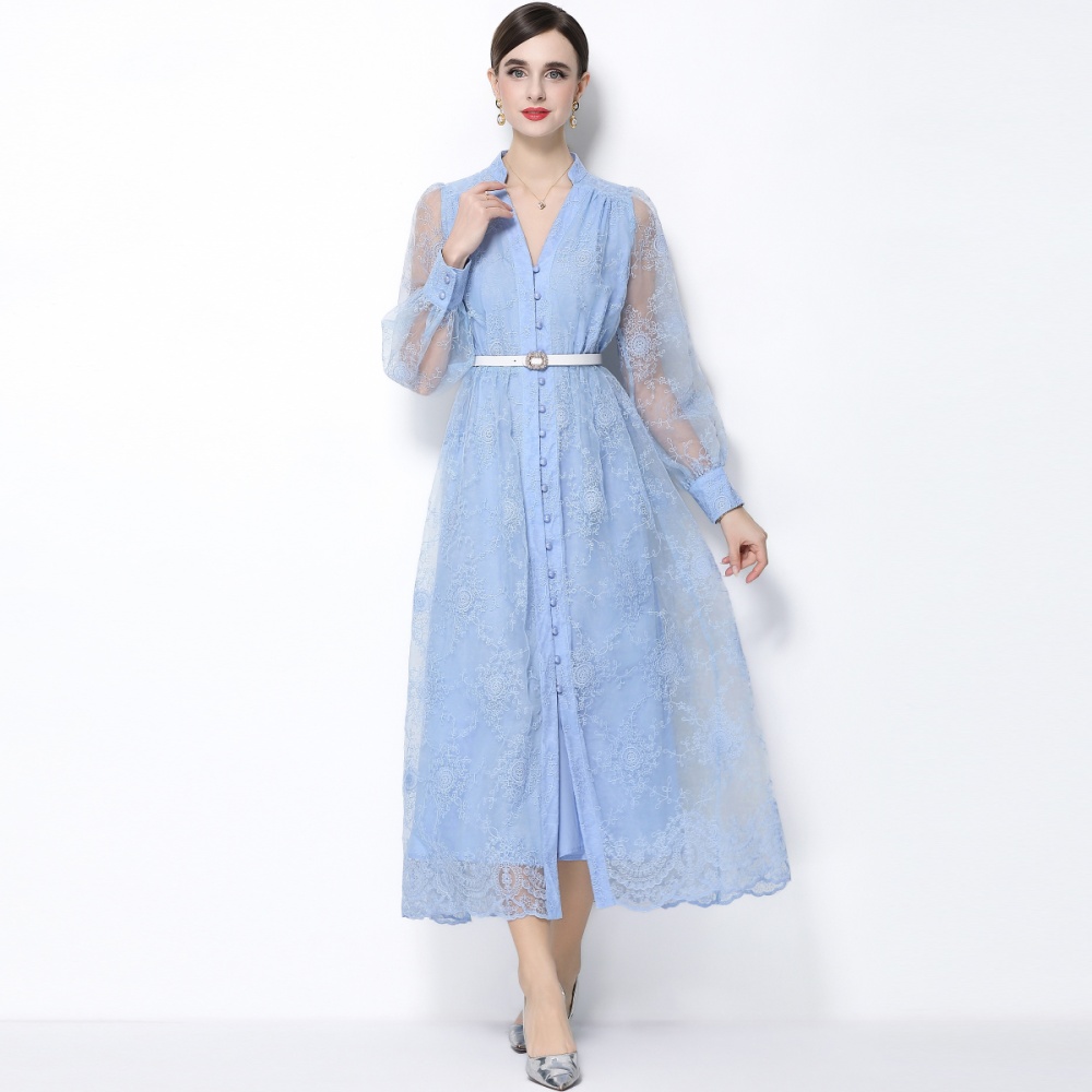 With belt lace lantern sleeve cstand collar dress