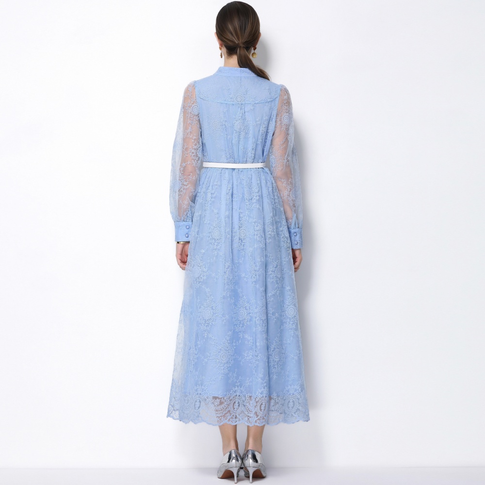 With belt lace lantern sleeve cstand collar dress