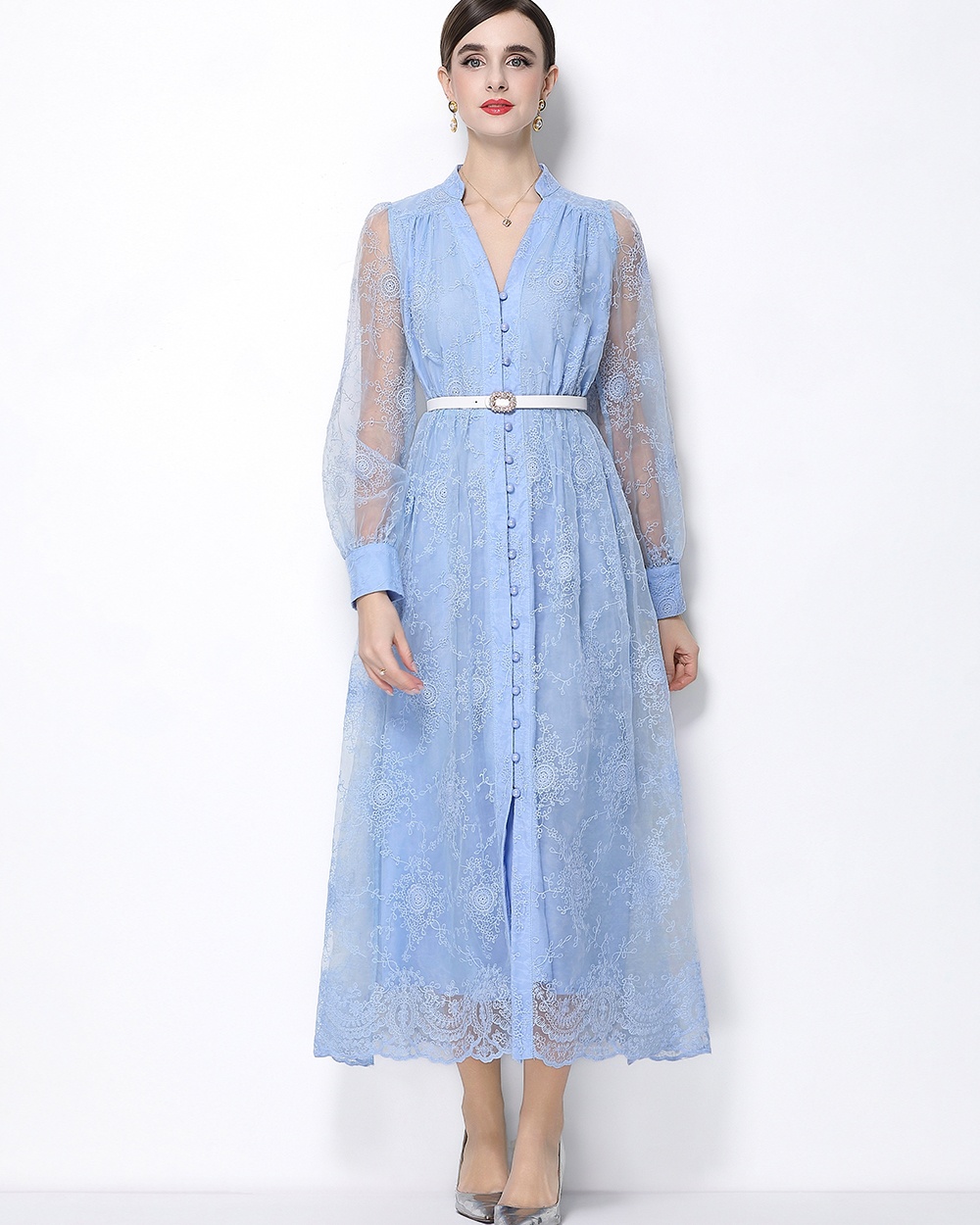 With belt lace lantern sleeve cstand collar dress