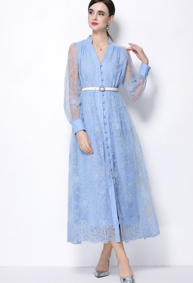 With belt lace lantern sleeve cstand collar dress