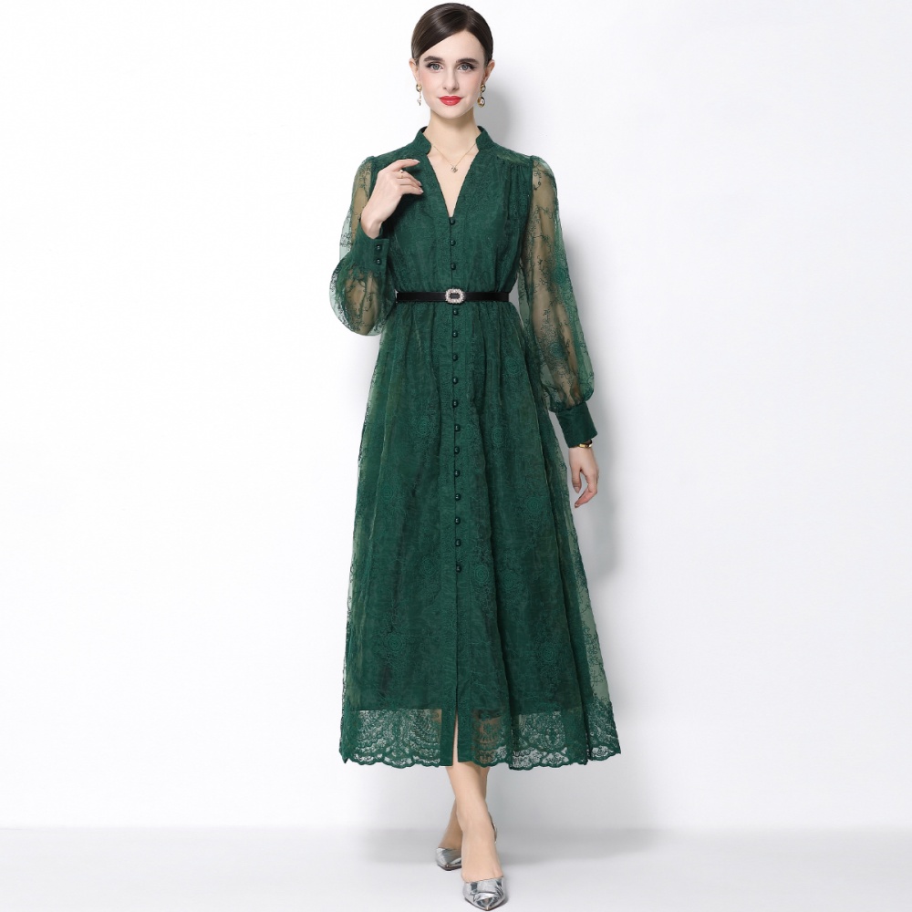 Embroidery lantern sleeve with belt single-breasted dress