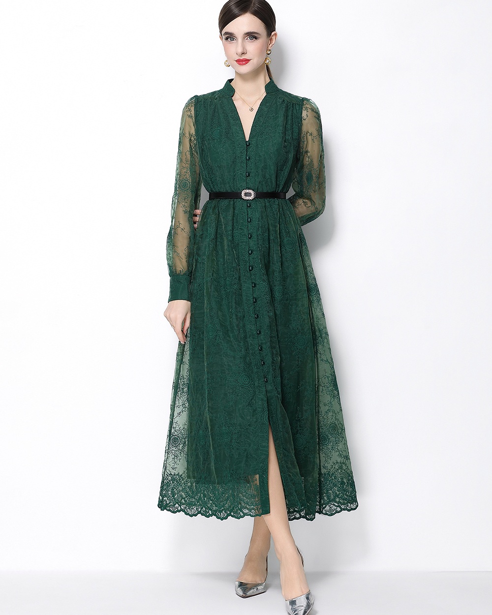 Embroidery lantern sleeve with belt single-breasted dress