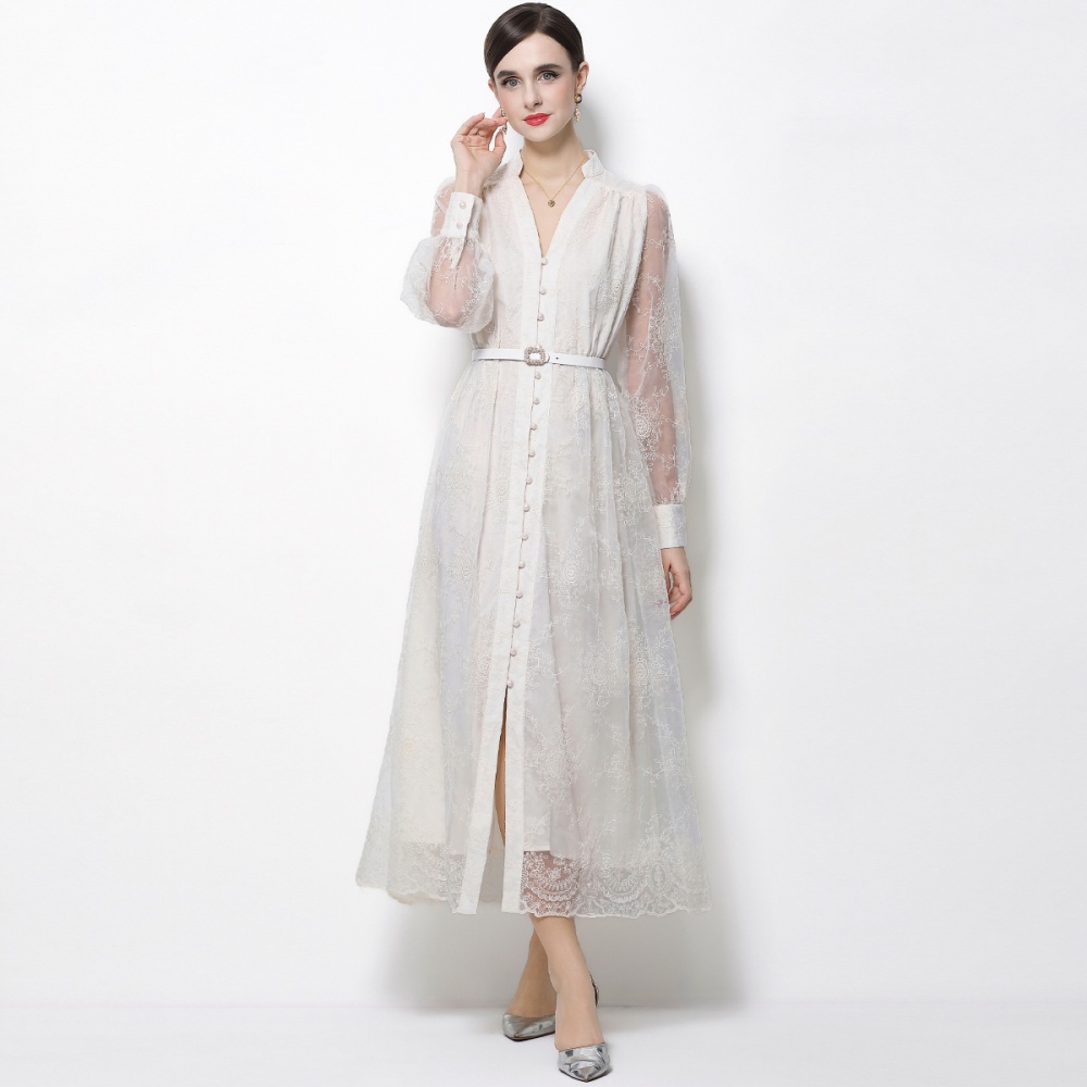 Lace embroidery lantern sleeve long sleeve dress