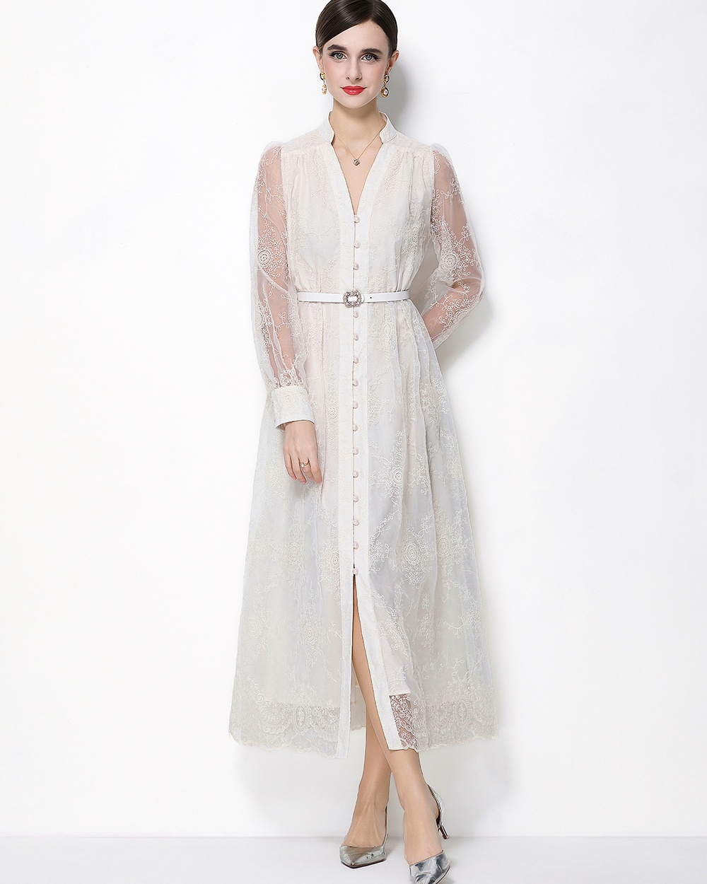 Lace embroidery lantern sleeve long sleeve dress