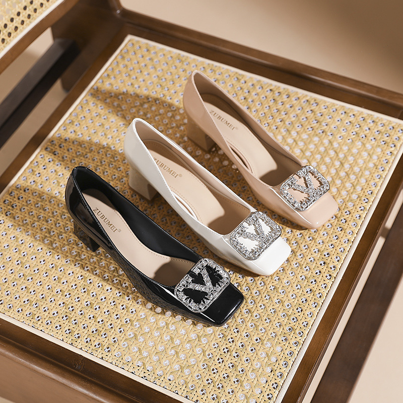 Square head thick shoes low high-heeled shoes for women