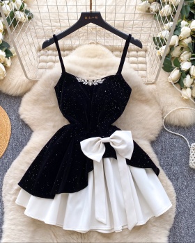 A-line red bow high waist dress for women