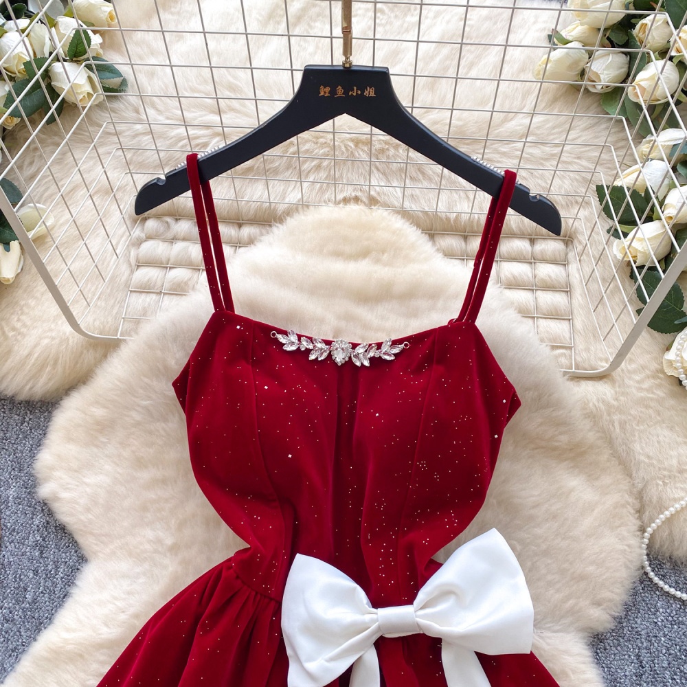 A-line red bow high waist dress for women