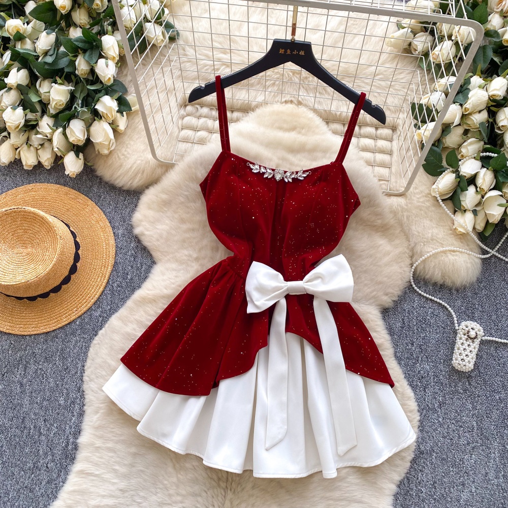 A-line red bow high waist dress for women