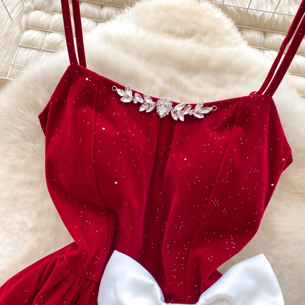 A-line red bow high waist dress for women