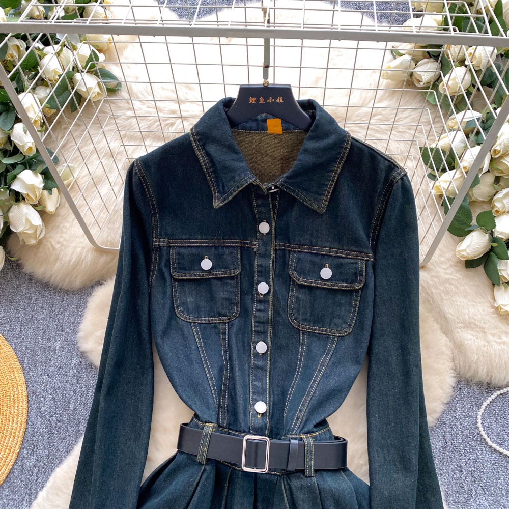 Pocket long sleeve slim lapel Korean style A-line dress