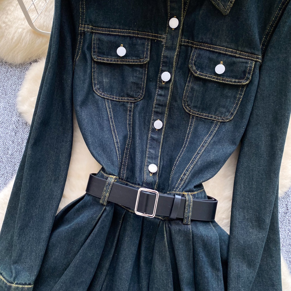 Pocket long sleeve slim lapel Korean style A-line dress