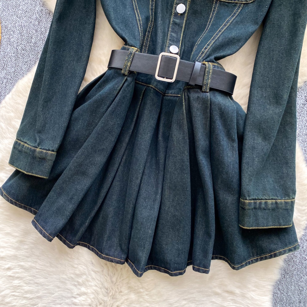 Pocket long sleeve slim lapel Korean style A-line dress