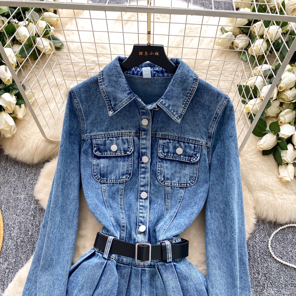 Pocket long sleeve slim lapel Korean style A-line dress