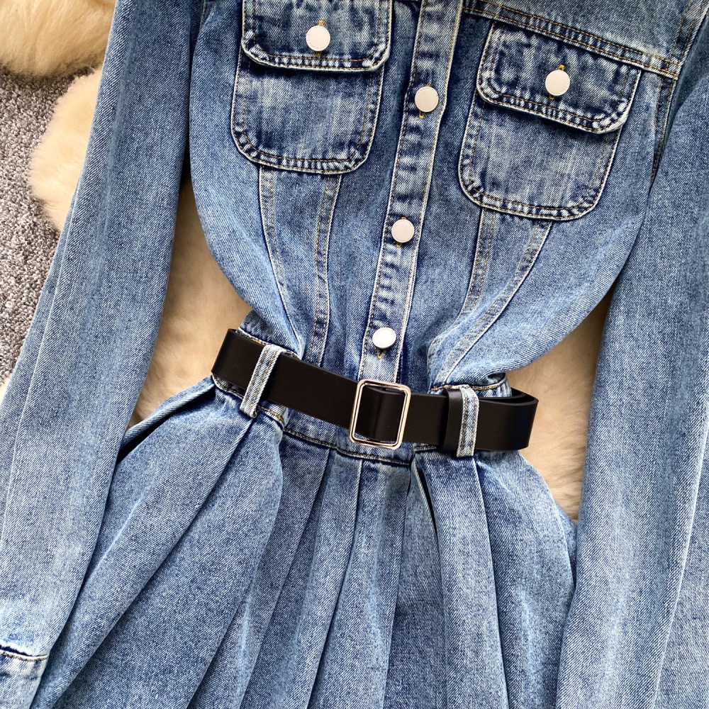 Pocket long sleeve slim lapel Korean style A-line dress