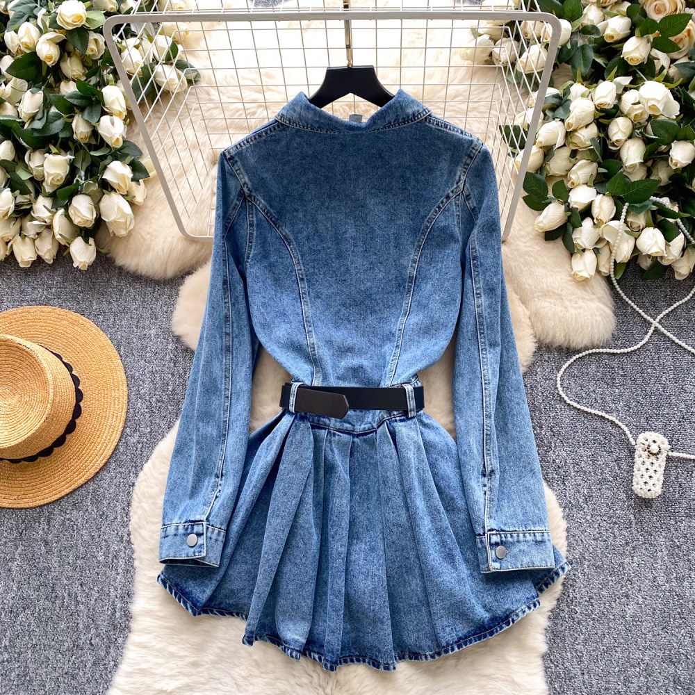 Pocket long sleeve slim lapel Korean style A-line dress