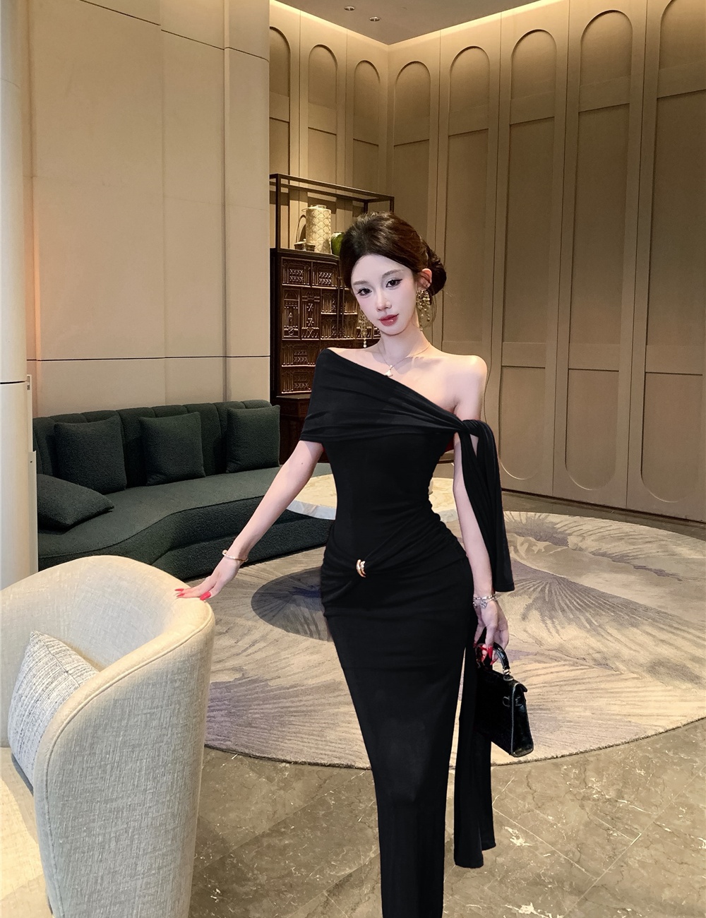 Package hip long formal dress pinched waist dress for women