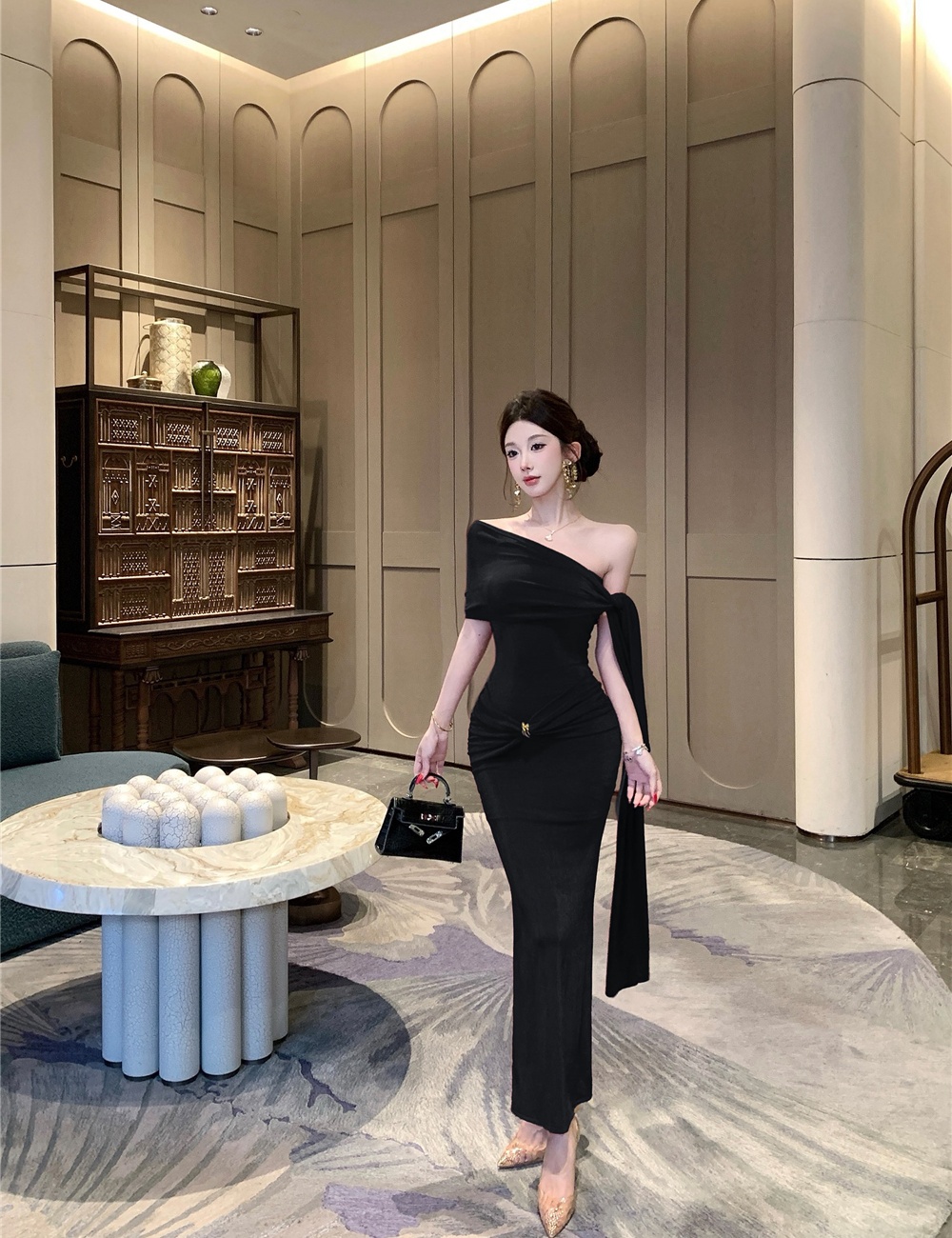 Package hip long formal dress pinched waist dress for women