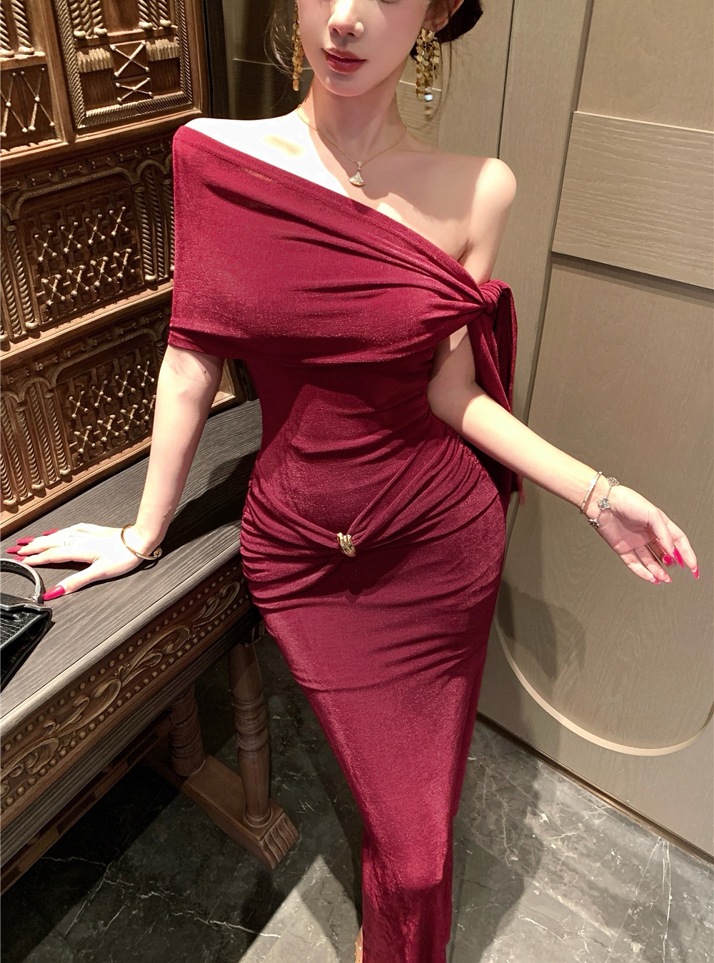 Package hip long formal dress pinched waist dress for women