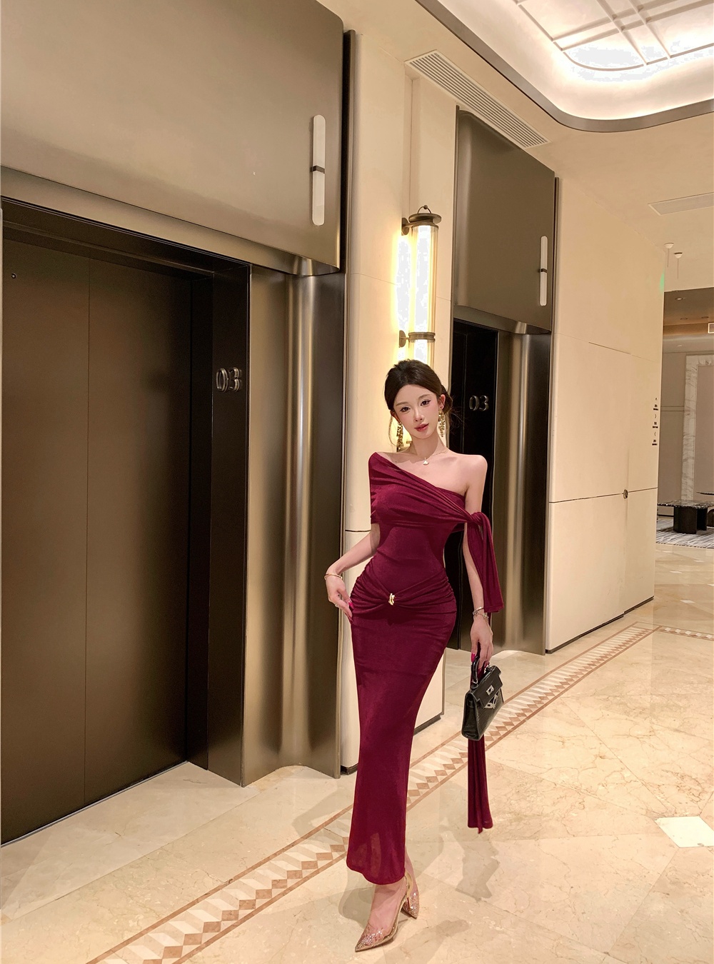 Package hip long formal dress pinched waist dress for women