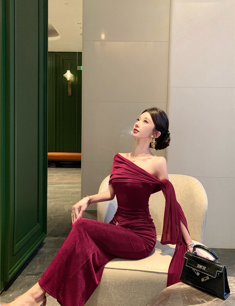 Package hip long formal dress pinched waist dress for women