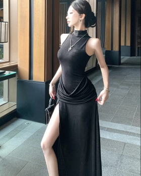 Long slit vest pinched waist fold formal dress