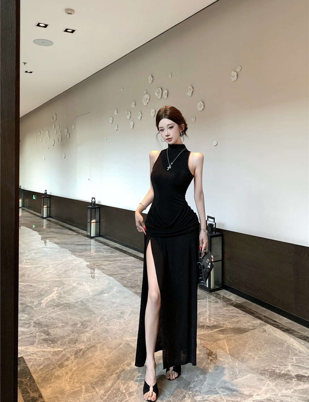 Long slit vest pinched waist fold formal dress