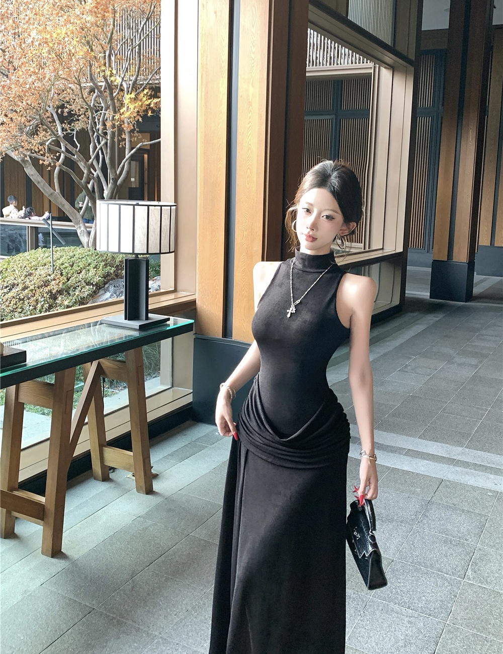 Long slit vest pinched waist fold formal dress