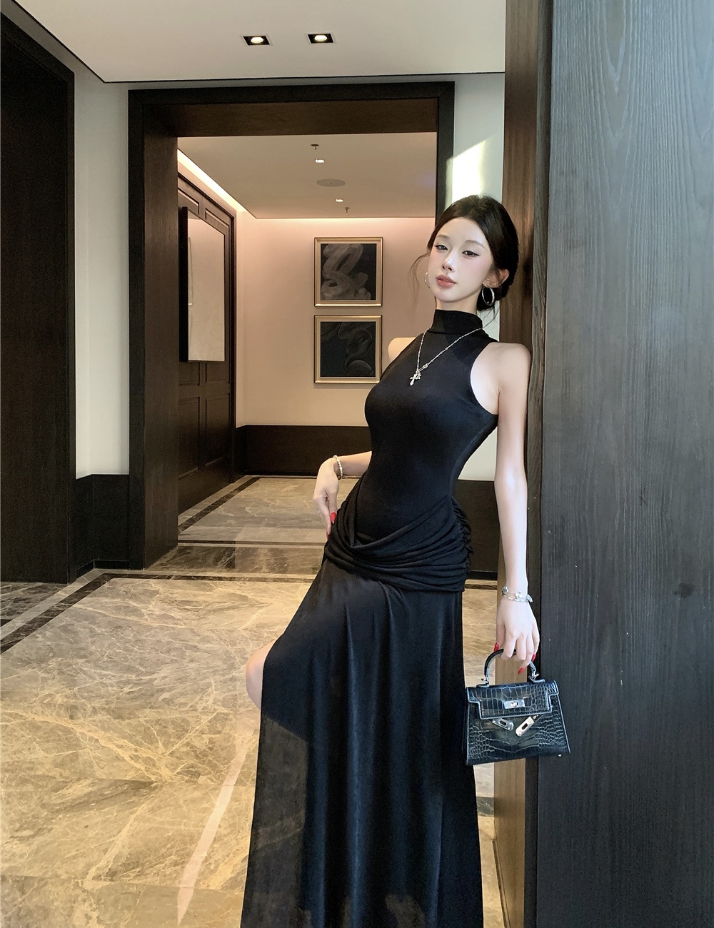 Long slit vest pinched waist fold formal dress