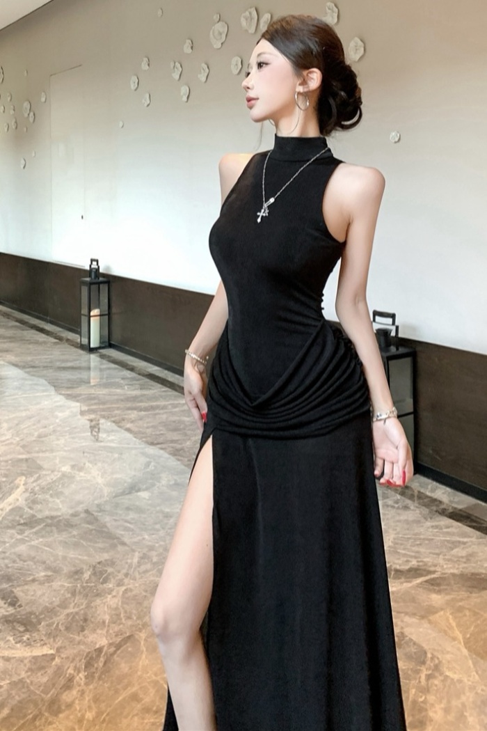 Long slit vest pinched waist fold formal dress