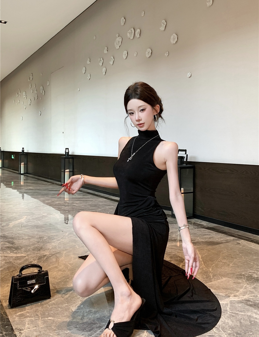 Long slit vest pinched waist fold formal dress