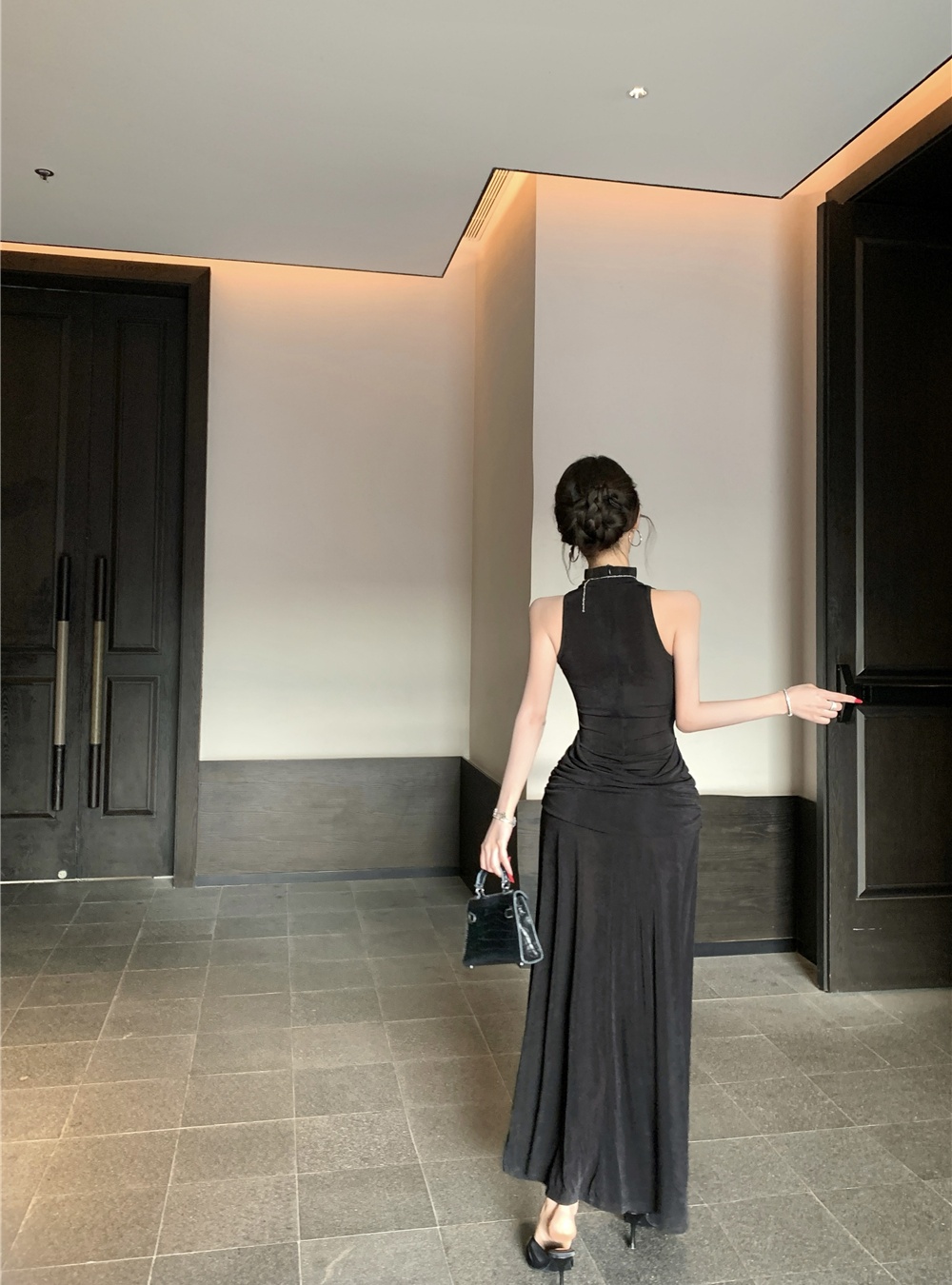 Long slit vest pinched waist fold formal dress