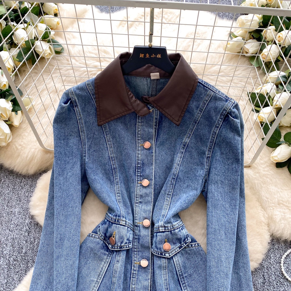 High waist single-breasted denim retro A-line dress