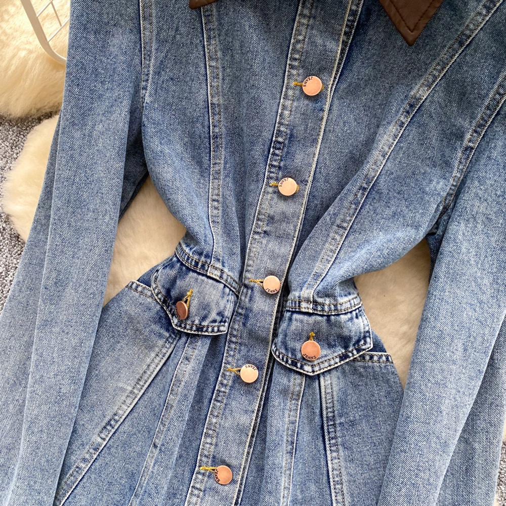High waist single-breasted denim retro A-line dress