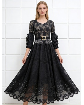 Disk flowers hollow high waist straps long dress