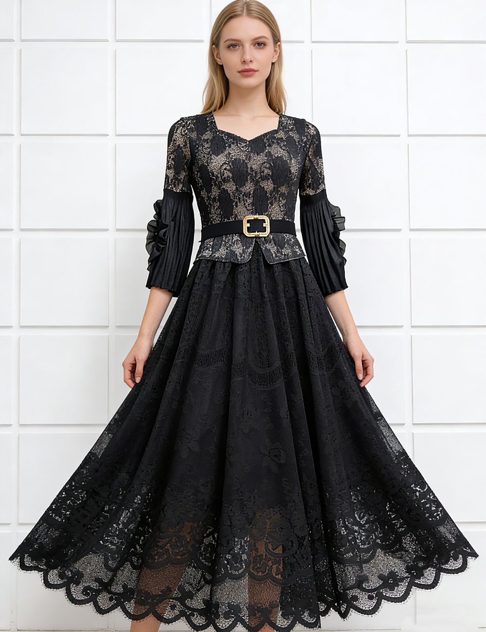 Disk flowers hollow high waist straps long dress