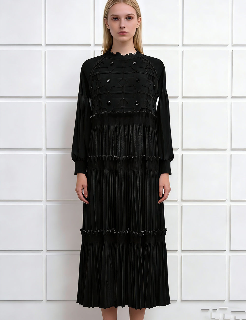 Cake splice long dress wood ear beading dress