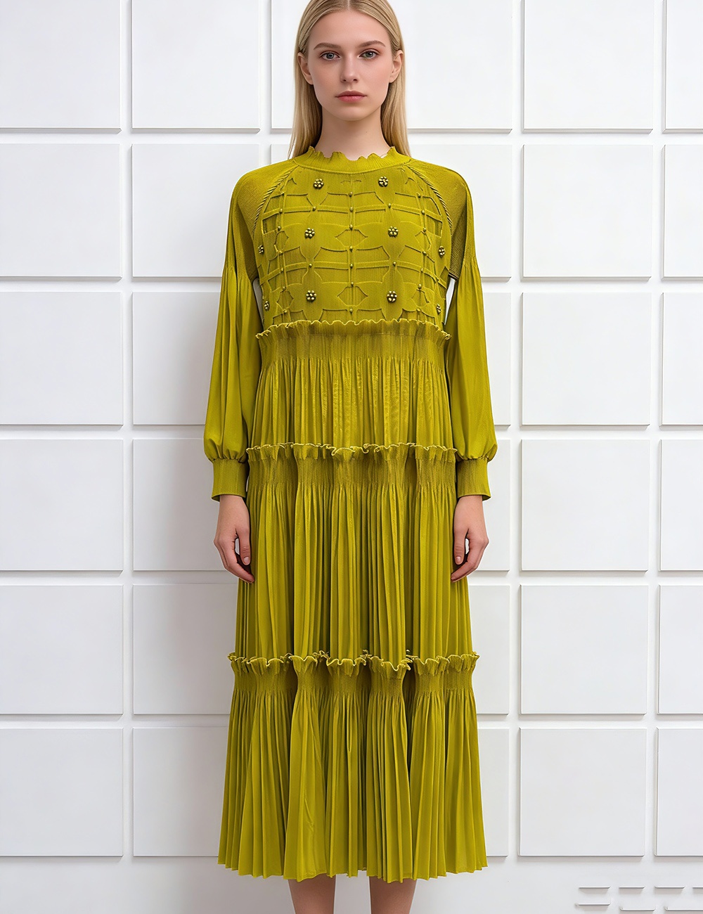 Cake splice long dress wood ear beading dress