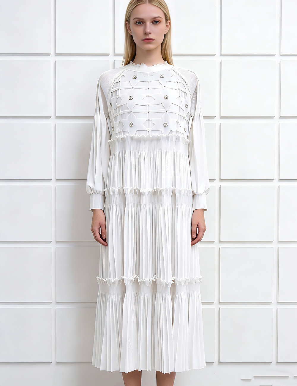 Cake splice long dress wood ear beading dress