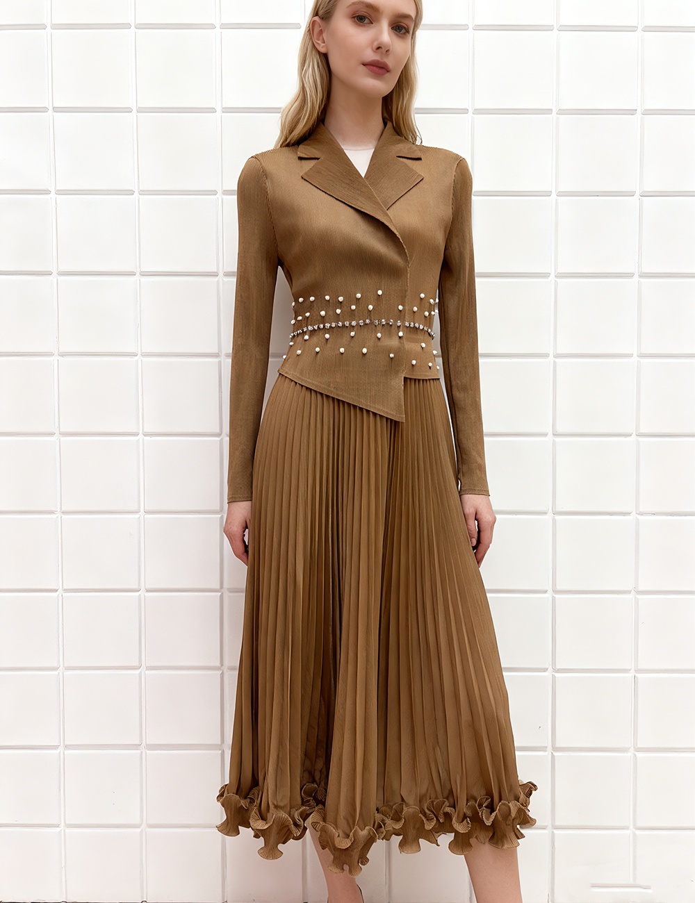 Beading slim business suit wood ear dress for women