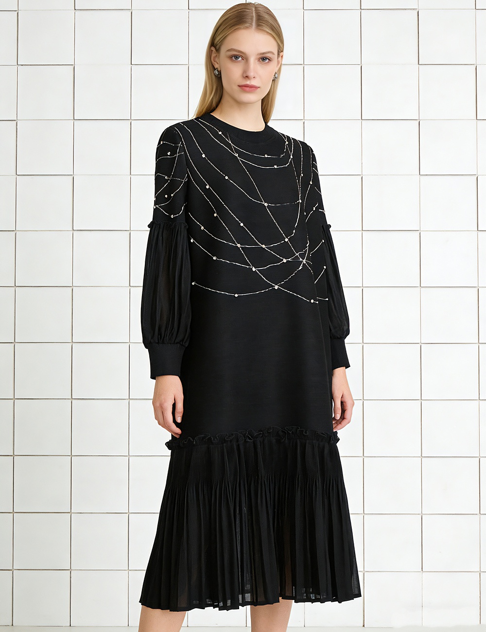 European style lantern sleeve printing dress