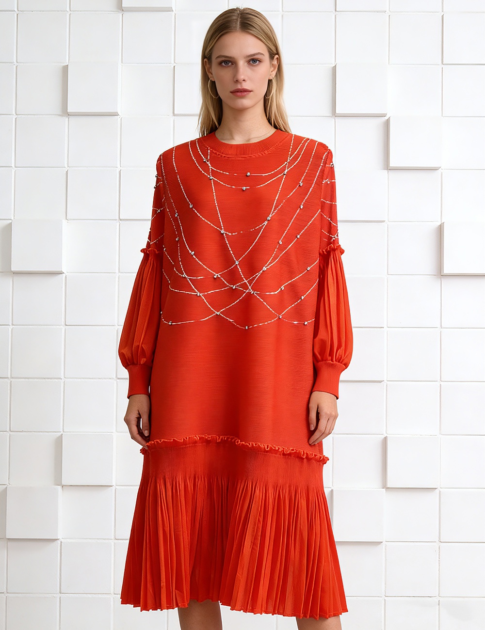 European style lantern sleeve printing dress