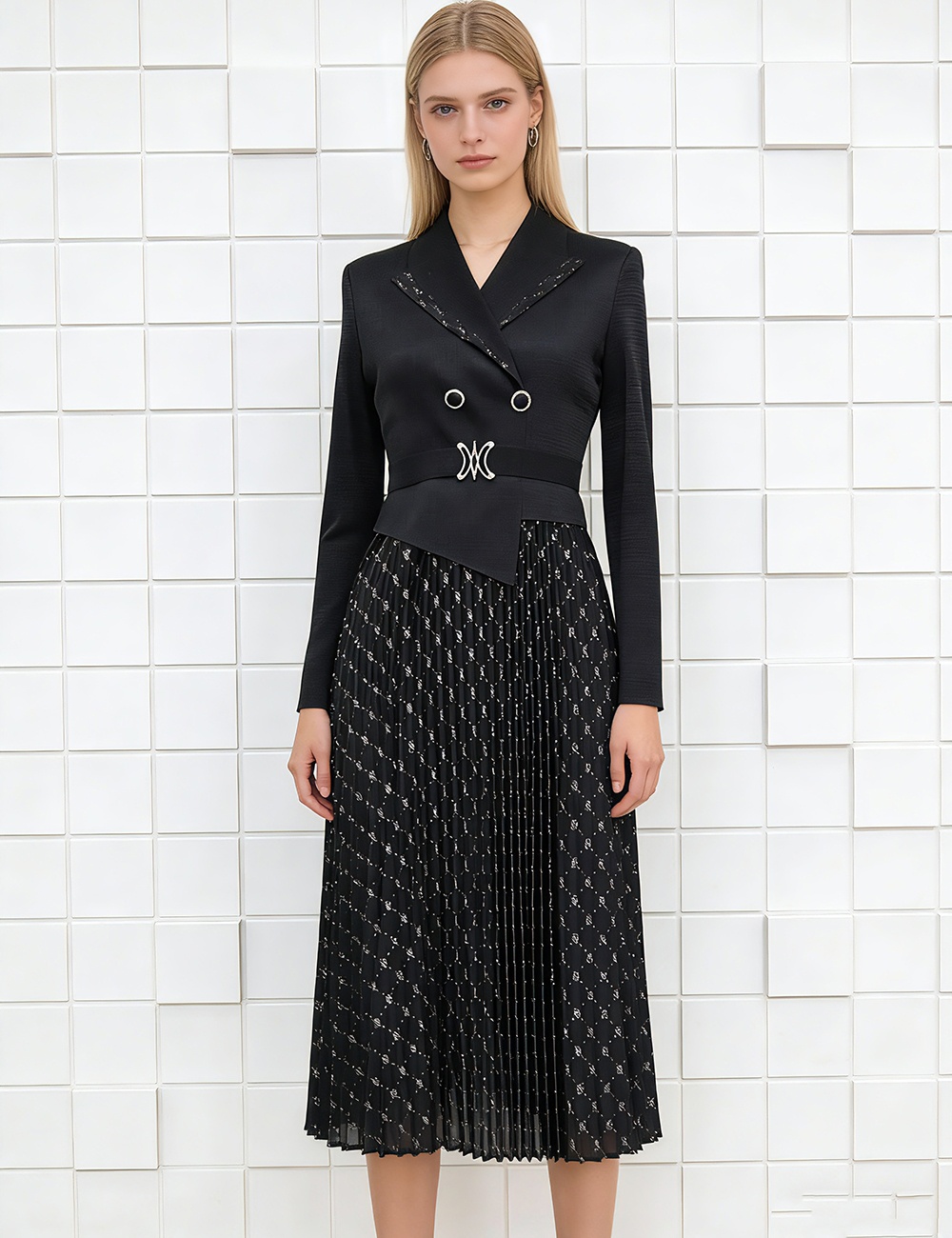 Fold pleated business suit rhinestone bronzing dress