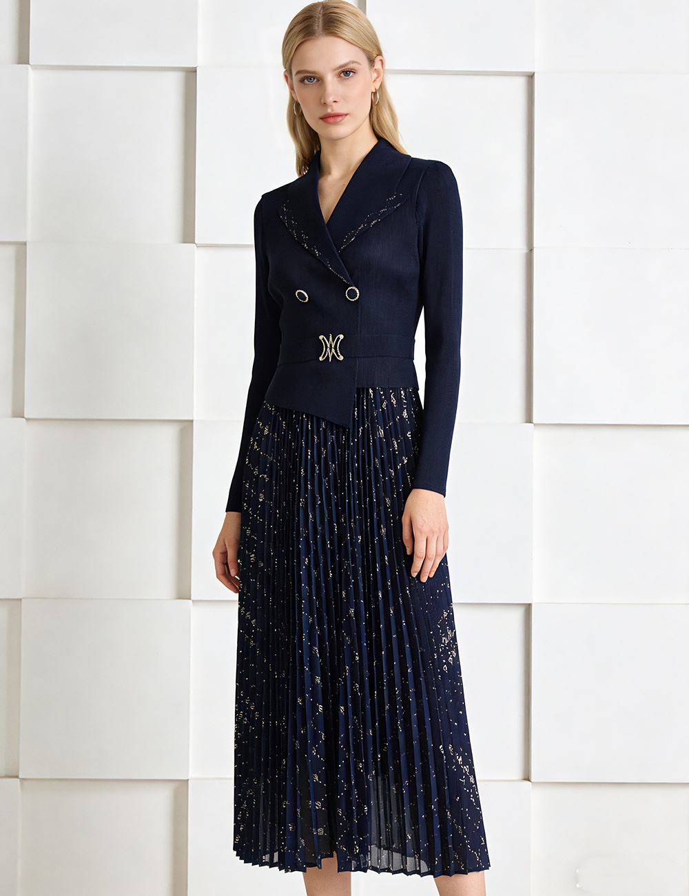 Fold pleated business suit rhinestone bronzing dress