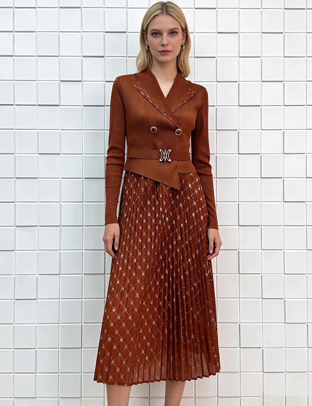 Fold pleated business suit rhinestone bronzing dress