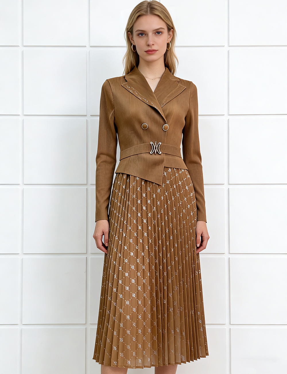 Fold pleated business suit rhinestone bronzing dress