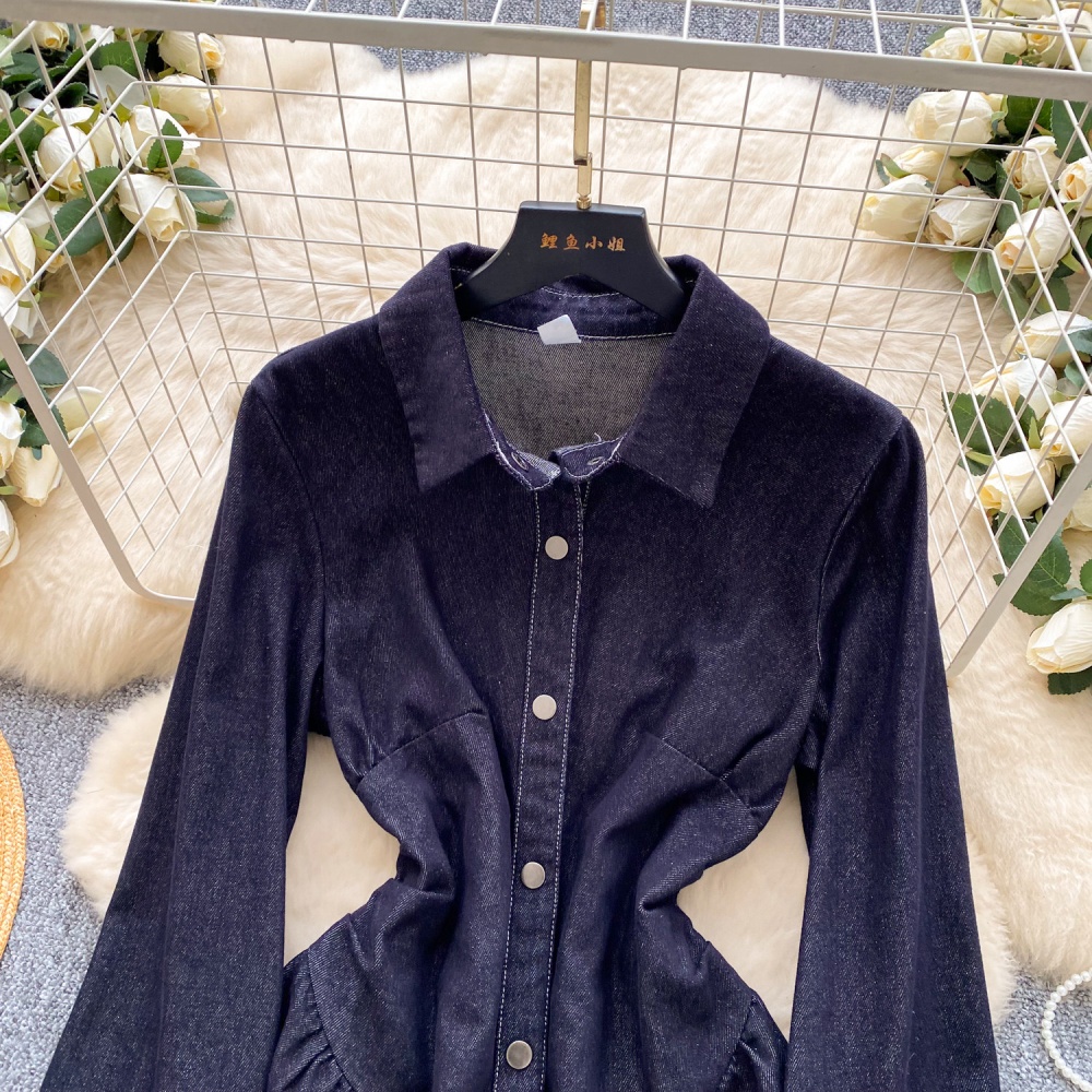 Retro spring slim dress denim pinched waist shirt