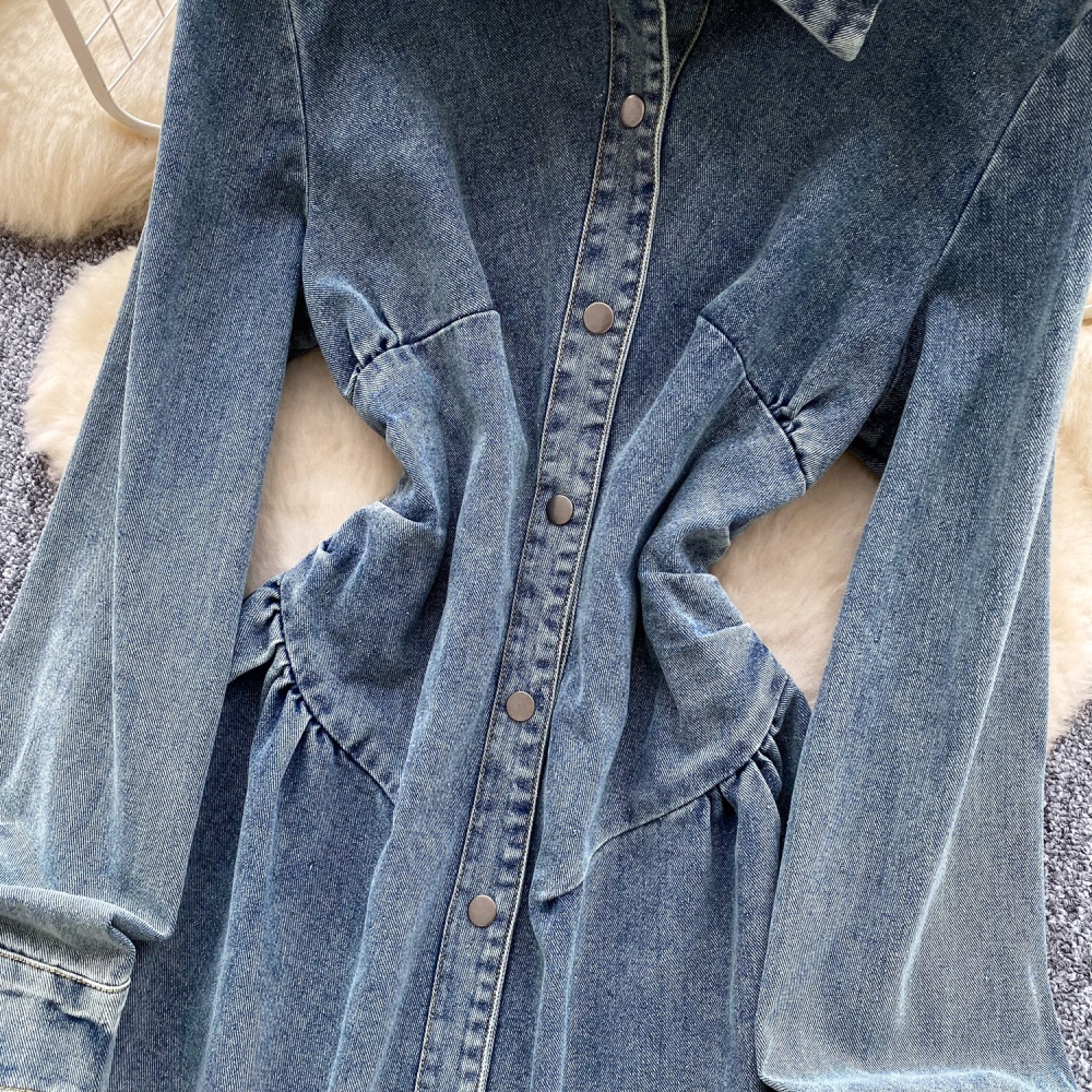 Retro spring slim dress denim pinched waist shirt