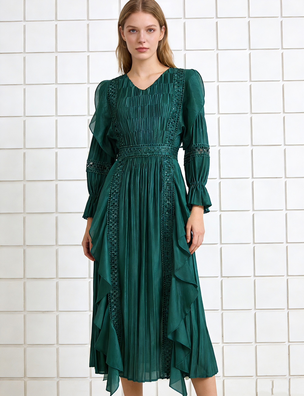 Lantern sleeve fold sequins lace lotus leaf edges dress