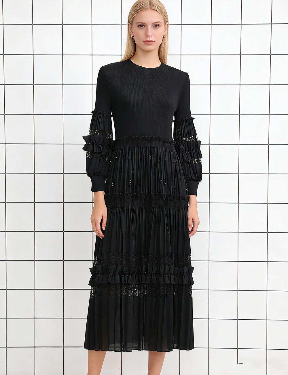 Cake splice beading wood ear lace banquet dress for women